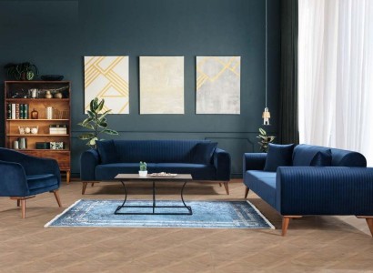 Sofagarnitur 3+3+1 Sitzer Sofa Sessel Royal Blaue Couch Samt 3tlg