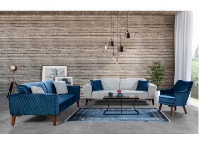 Бархатный диванный гарнитур 3+3+1 с синими и белыми оттенками 