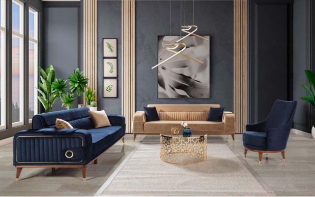 Великолепный гарнитур из диванов и кресла 3+3+1 в богатом синем и золотом цвете