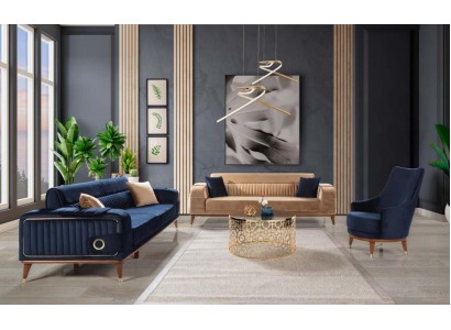 Великолепный гарнитур из диванов и кресла 3+3+1 в богатом синем и золотом цвете