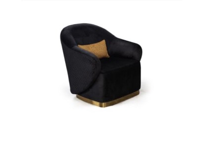 Бархатное яркое кресло в чёрных тонах с качественной и мягкой обивкой и с позолоченными элементами 