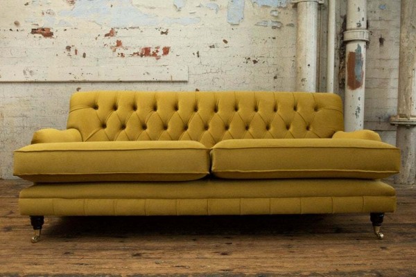 Gelbe Chesterfield Stoff Polster Dreisitzer Wohnzimmer Couch Design