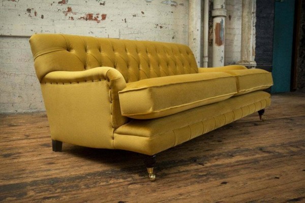 Gelbe Chesterfield Stoff Polster Dreisitzer Wohnzimmer Couch Design