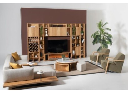 Wohnwand mit Elektro Kamin Wohnwände Ecksofa Sessel Komplett Set 5tlg