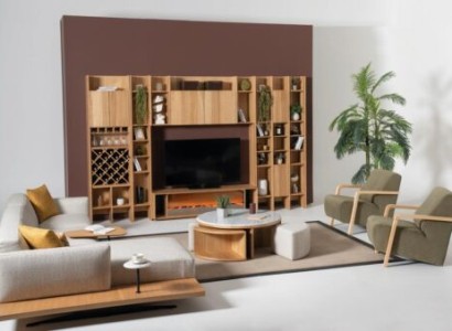 Wohnzimmer Wohnwand Holz Luxus Garnitur neu Stil Modern Luxus braun