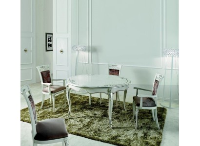 Итальянский комплект круглого стола и 4 стула в белом цвете в классическом стиле из натурального дерево